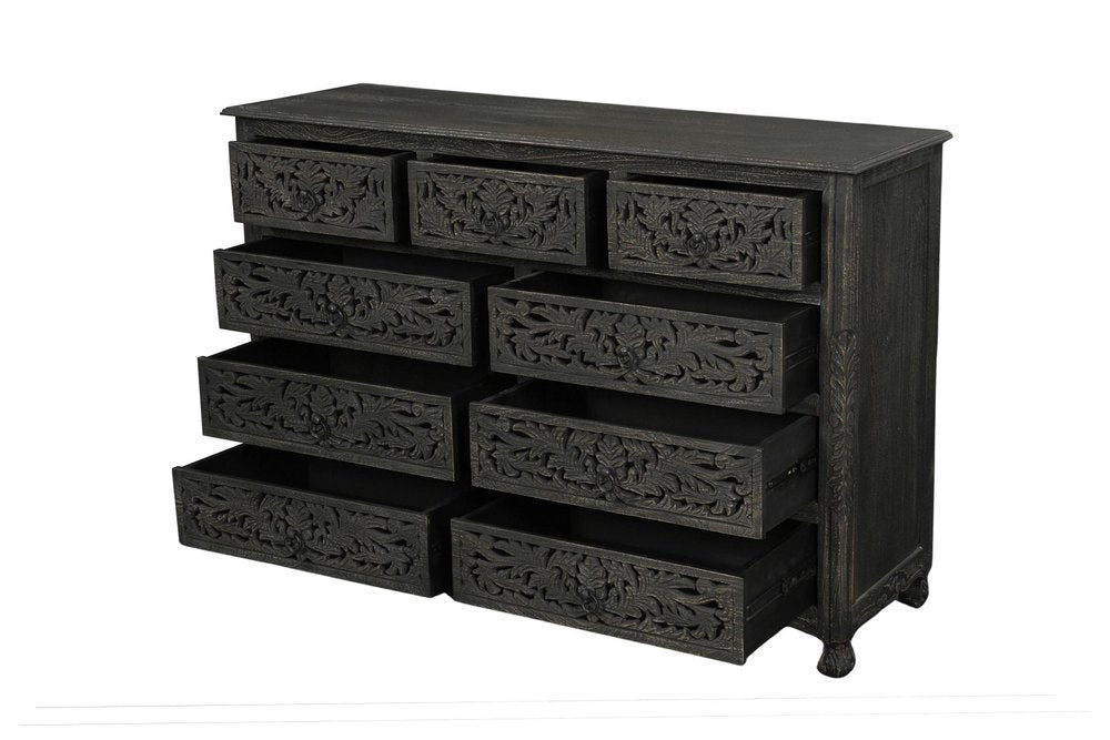 57" Black Carved Floral Solid Wood Nine Drawer Dresser