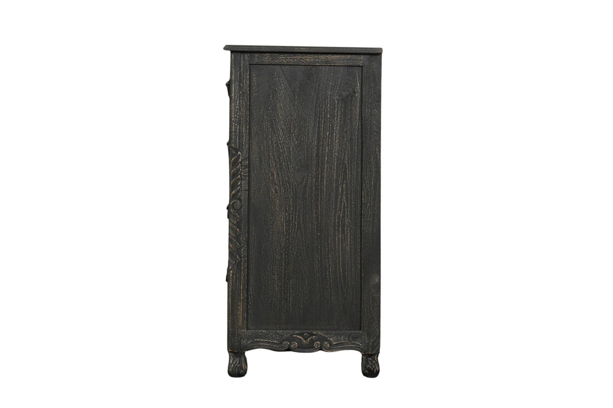 57" Black Carved Floral Solid Wood Nine Drawer Dresser