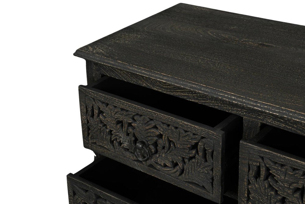 57" Black Carved Floral Solid Wood Nine Drawer Dresser