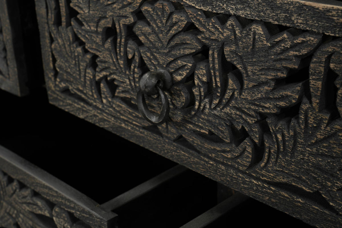 57" Black Carved Floral Solid Wood Nine Drawer Dresser
