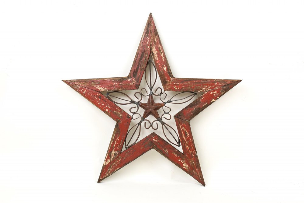 20" X 20" Red And Brown Wood And Iron Star Hanging Dimensional Sculpture