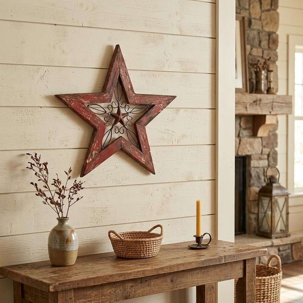 20" X 20" Red And Brown Wood And Iron Star Hanging Dimensional Sculpture