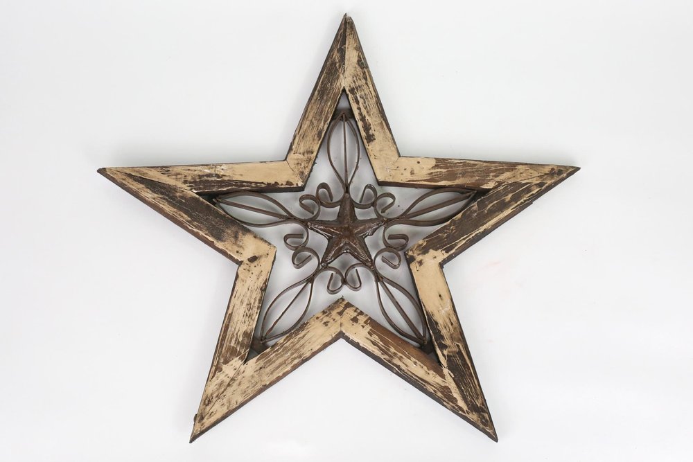 20" X 20" Red And Brown Wood And Iron Star Hanging Dimensional Sculpture
