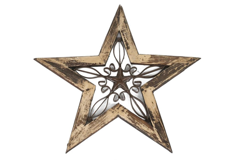 20" X 20" Red And Brown Wood And Iron Star Hanging Dimensional Sculpture
