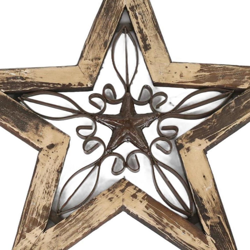 20" X 20" Red And Brown Wood And Iron Star Hanging Dimensional Sculpture