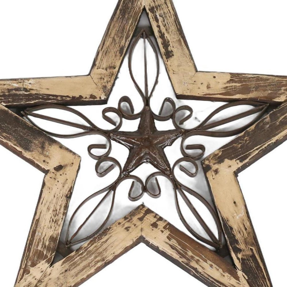 20" X 20" Red And Brown Wood And Iron Star Hanging Dimensional Sculpture