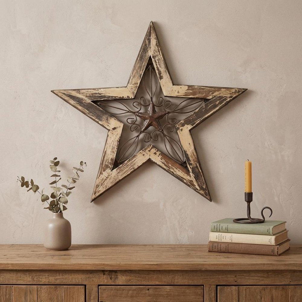 20" X 20" Red And Brown Wood And Iron Star Hanging Dimensional Sculpture