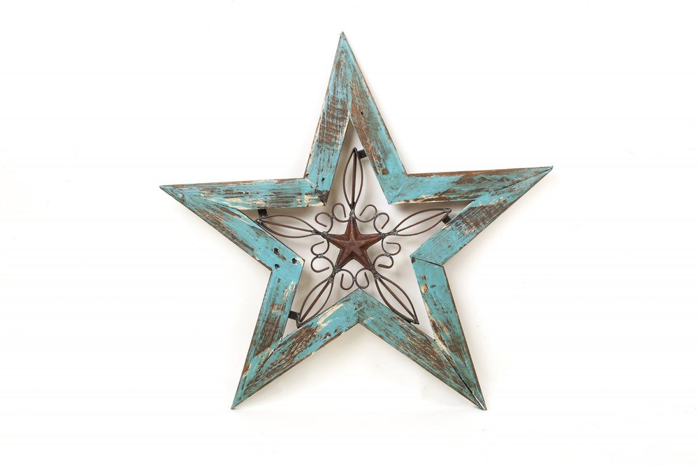 20" X 20" Red And Brown Wood And Iron Star Hanging Dimensional Sculpture