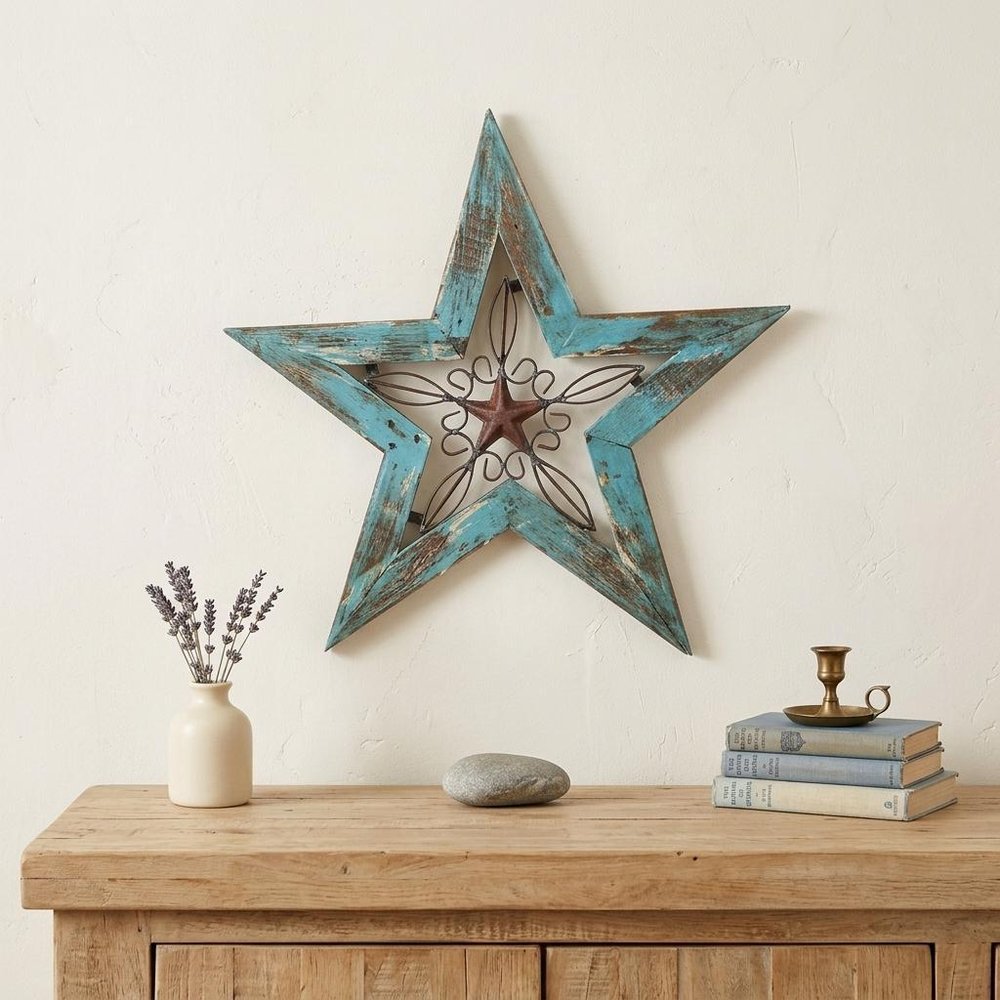 20" X 20" Red And Brown Wood And Iron Star Hanging Dimensional Sculpture