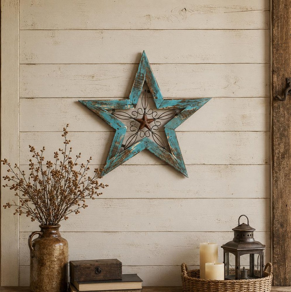 20" X 20" Red And Brown Wood And Iron Star Hanging Dimensional Sculpture