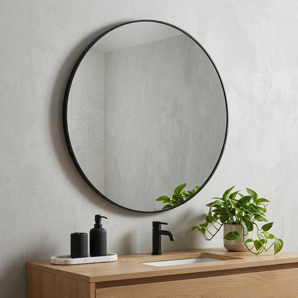 32" Black Aluminum Round Framed Bathroom Vanity Mirror