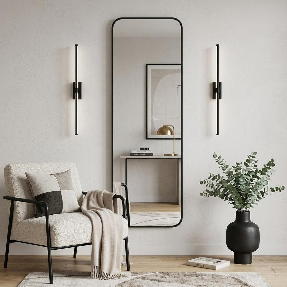 47" Black Aluminum Wall Mounted And Over The Door Framed Full Length Hanging Mirror