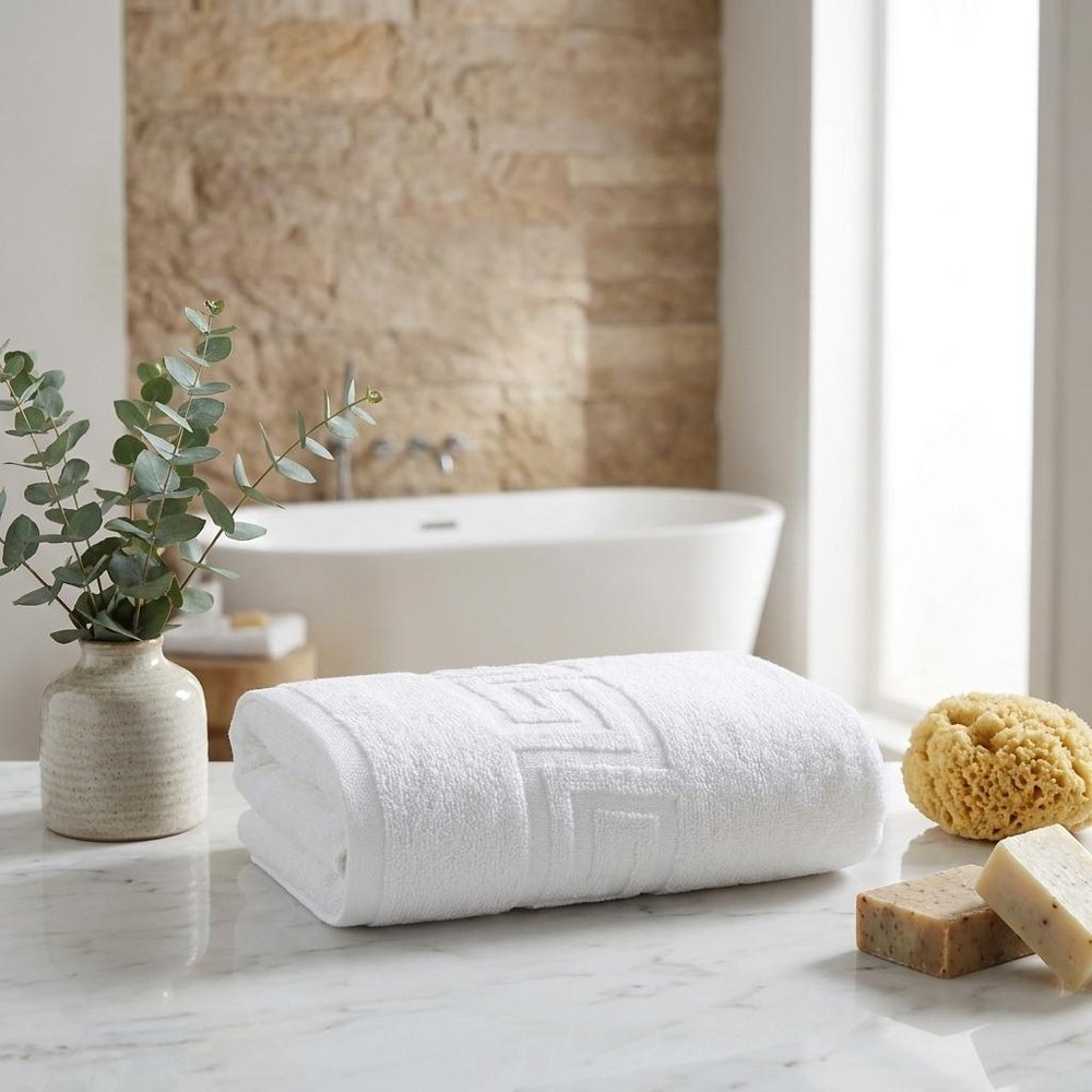 White Greek Key Turkish Cotton 30" X 16" Hand Towel