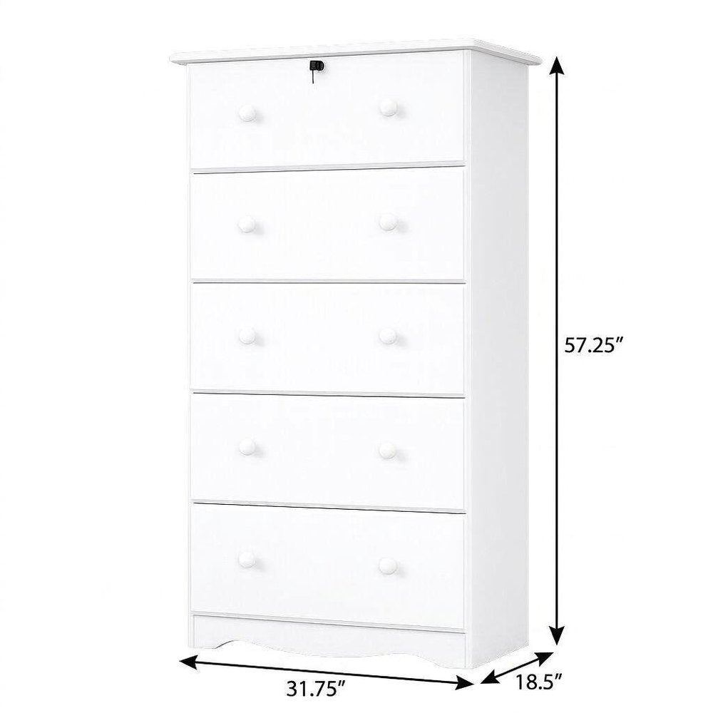 32" White Solid Wood Five Drawer Dresser