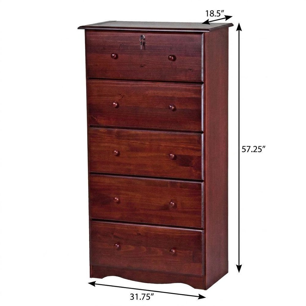 32" Mahogany Solid Wood Five Drawer Dresser