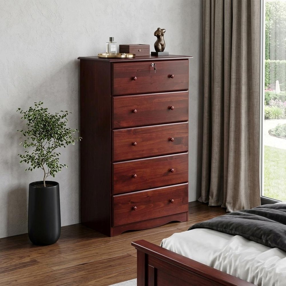 32" Mahogany Solid Wood Five Drawer Dresser