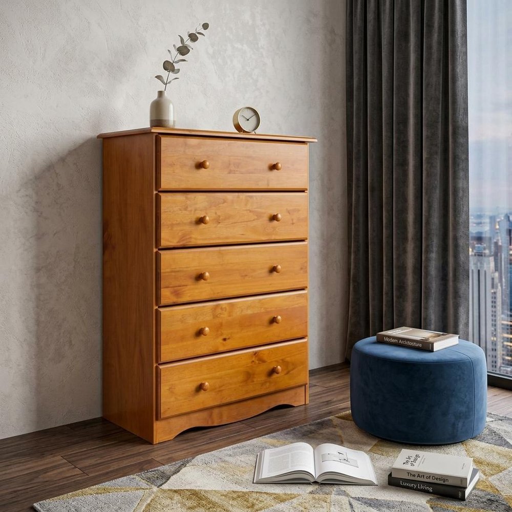 32" Golden Brown Solid Wood Five Drawer Dresser