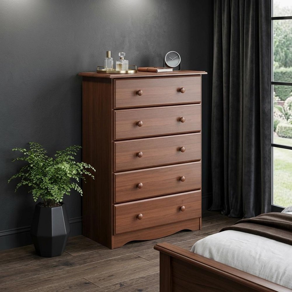32" Coffee Solid Wood Five Drawer Dresser