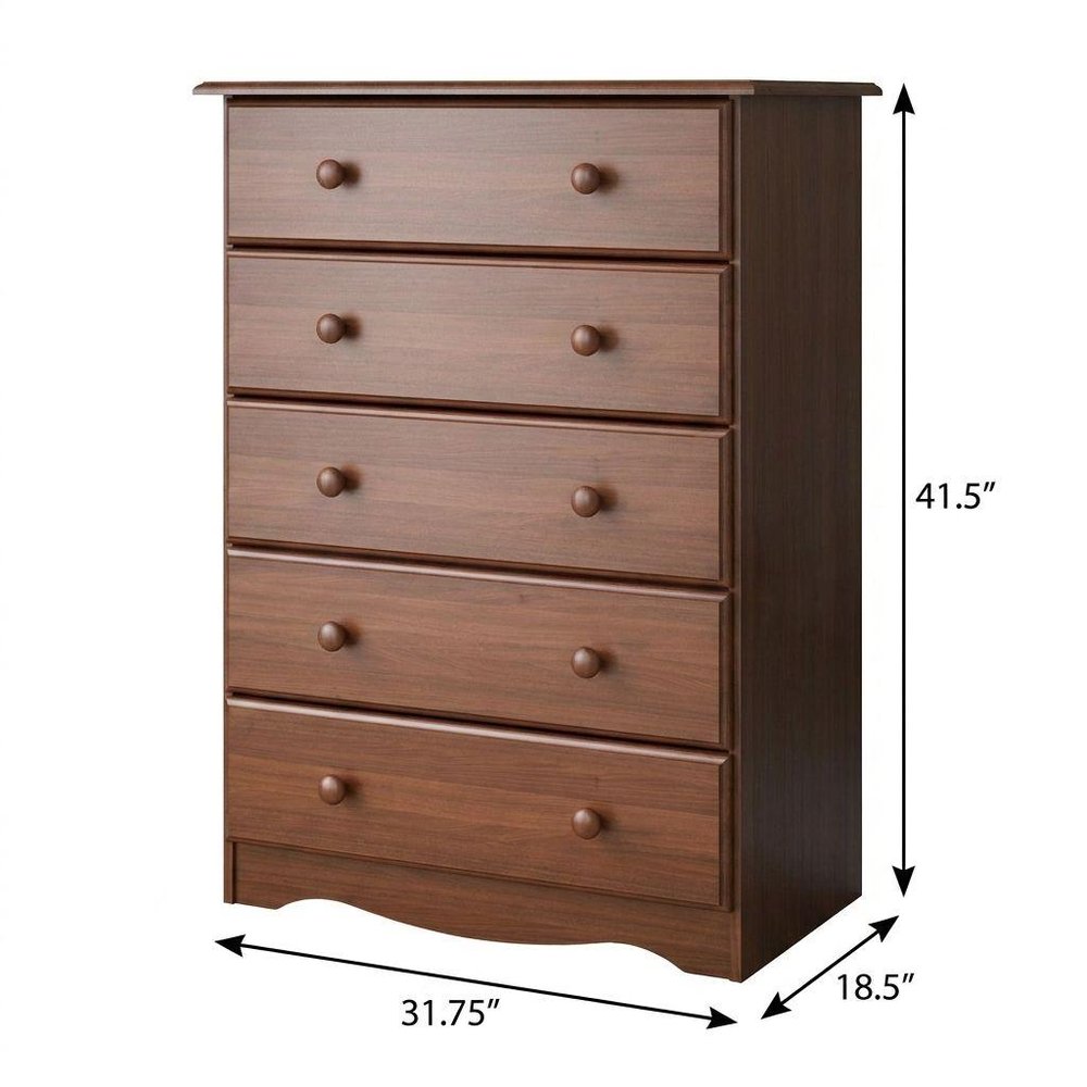 32" Coffee Solid Wood Five Drawer Dresser
