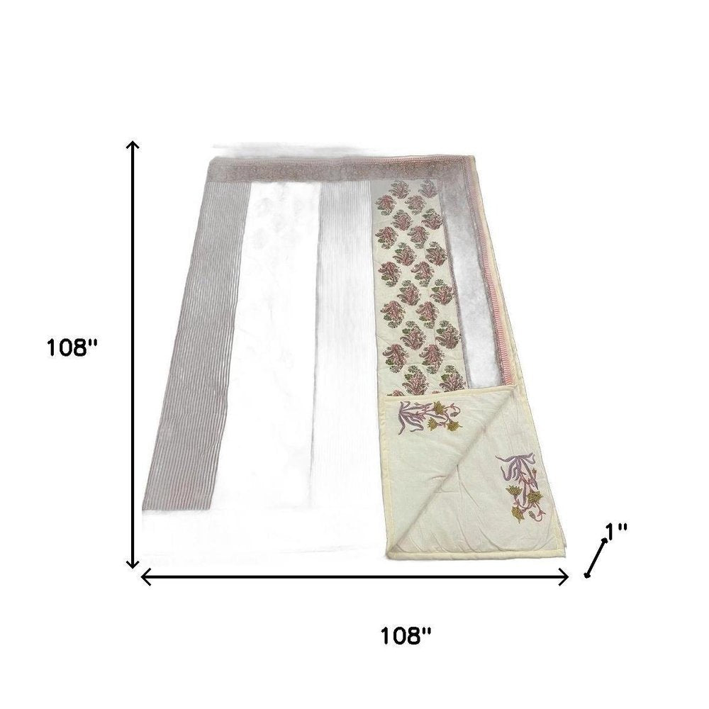 108" X 108" Dark Pink And Cream Floral Cotton Decorative Comforter