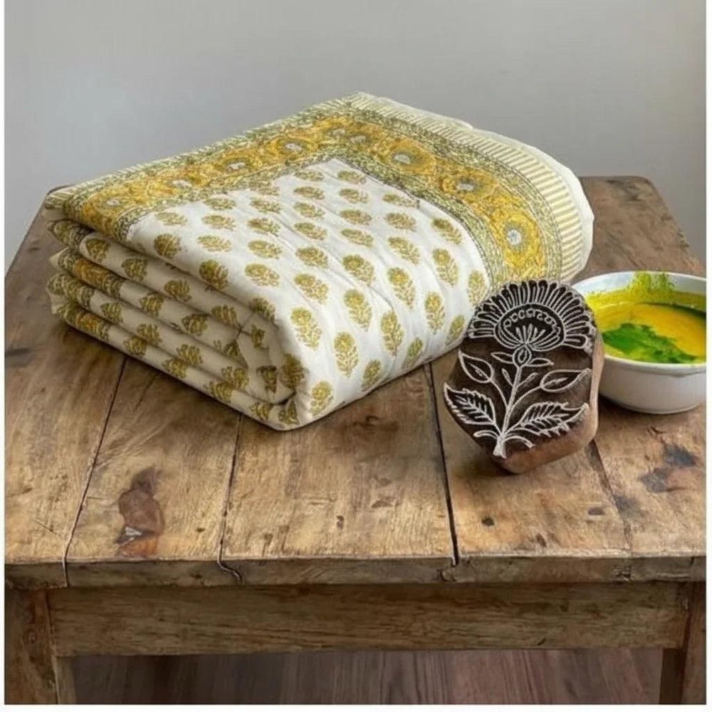 108" X 90" Mustard And Cream Floral Cotton Decorative Comforter