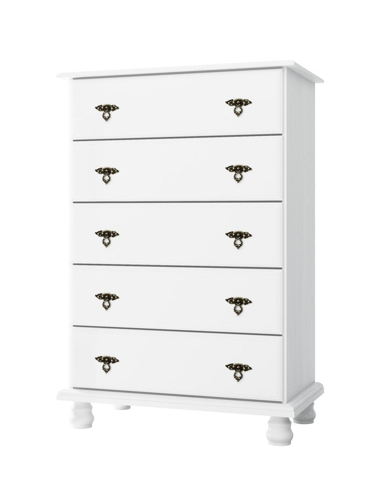 32" White Solid Wood Five Drawer Dresser