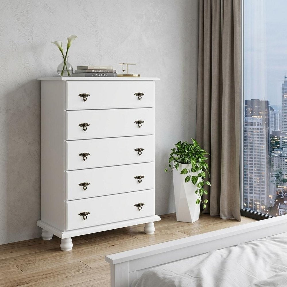 32" White Solid Wood Five Drawer Dresser