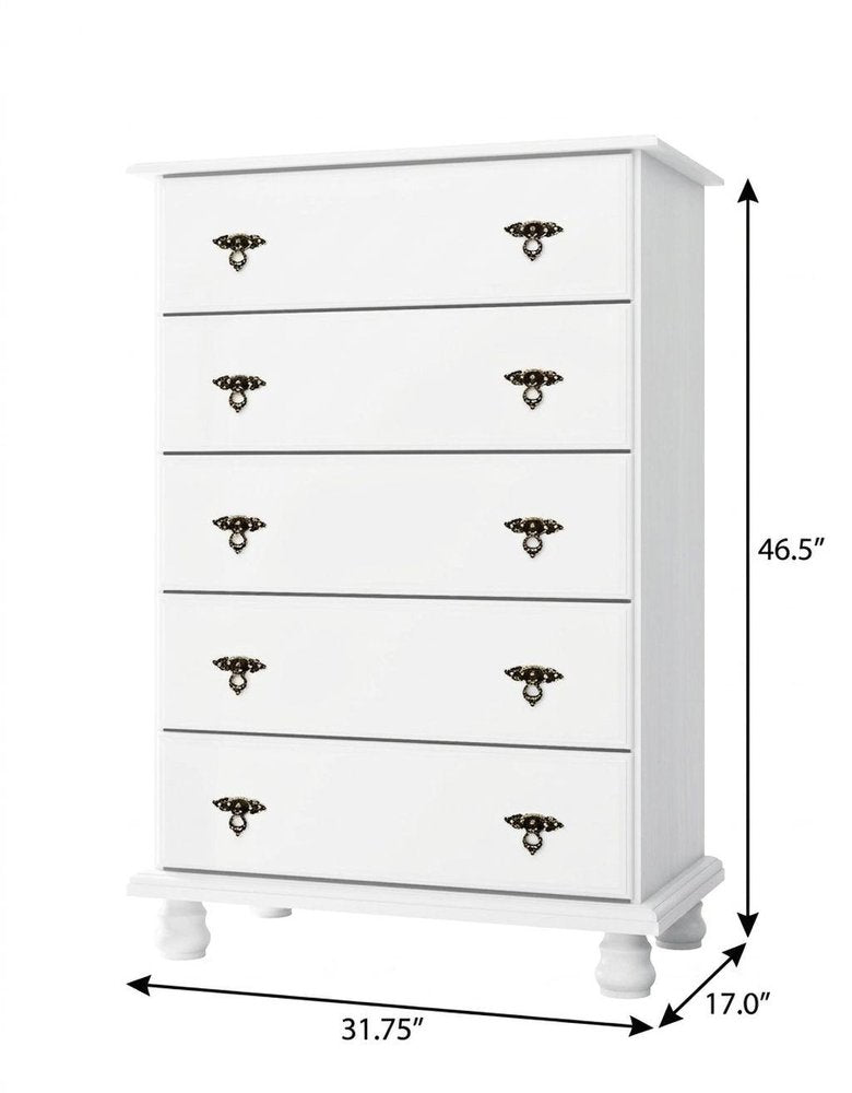 32" White Solid Wood Five Drawer Dresser