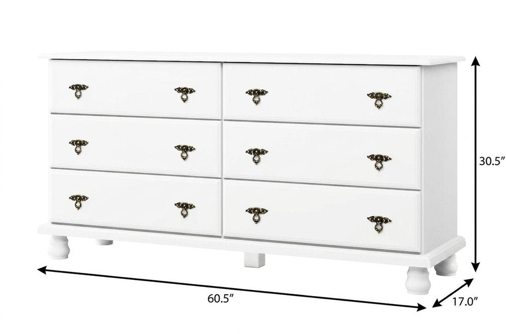 61" White Solid Wood Six Drawer Dresser