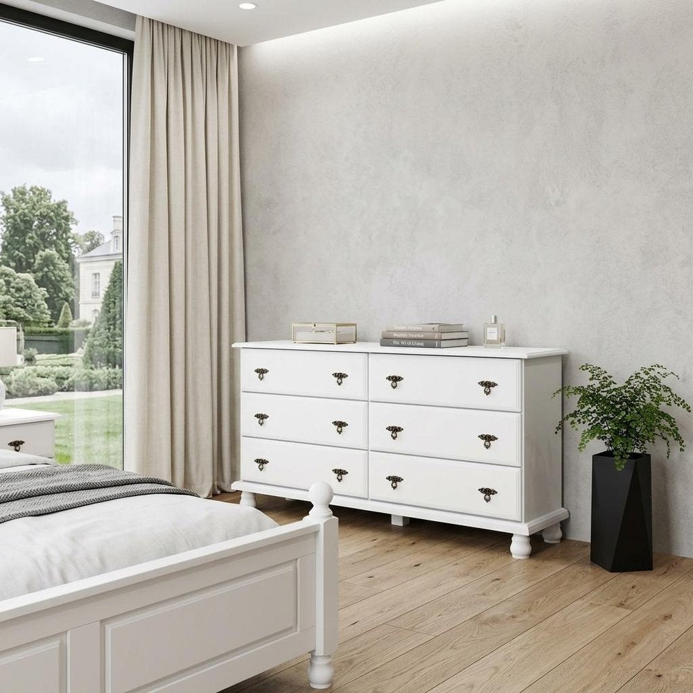 61" White Solid Wood Six Drawer Dresser