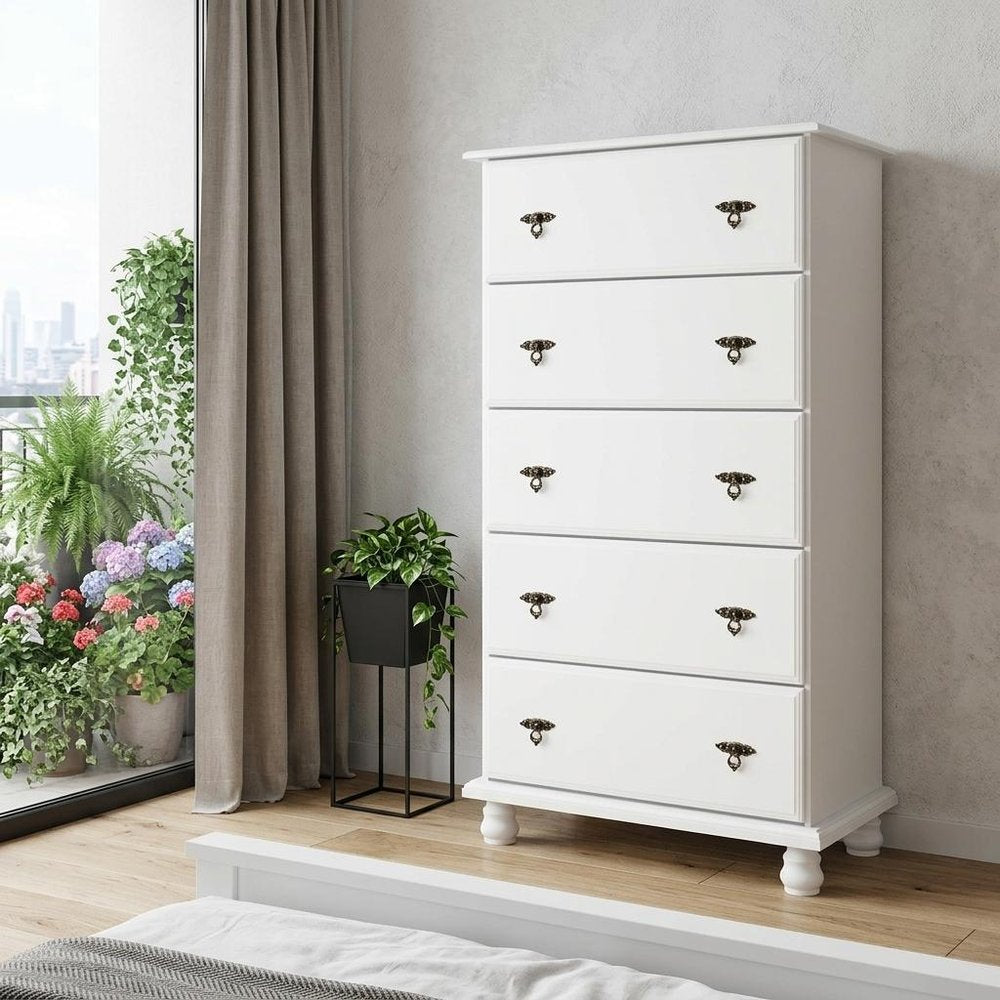 32" White Solid Wood Five Drawer Dresser