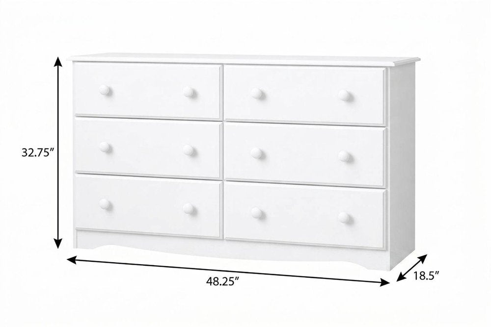 48" White Solid Wood Six Drawer Dresser