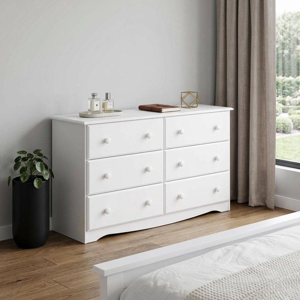 48" White Solid Wood Six Drawer Dresser