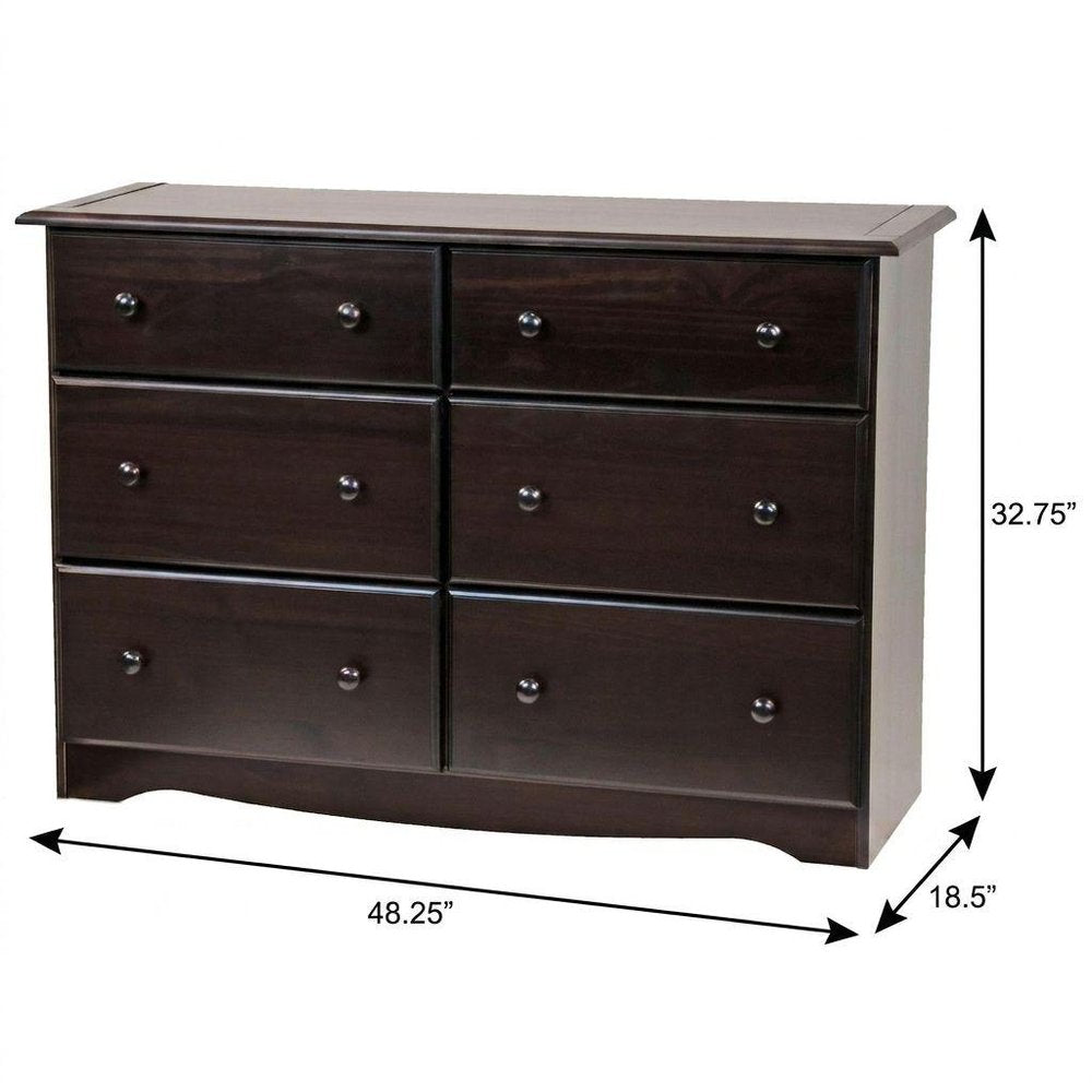 48" White Solid Wood Six Drawer Dresser