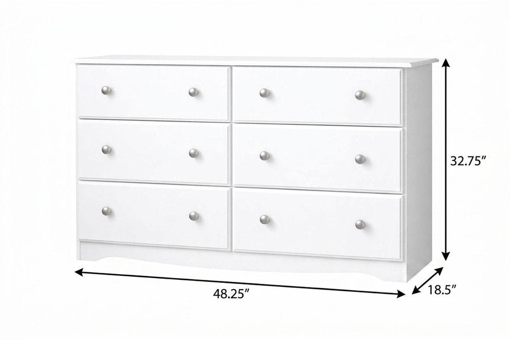 48" White Solid Wood Six Drawer Dresser