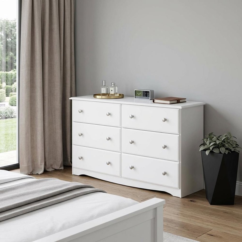 48" White Solid Wood Six Drawer Dresser