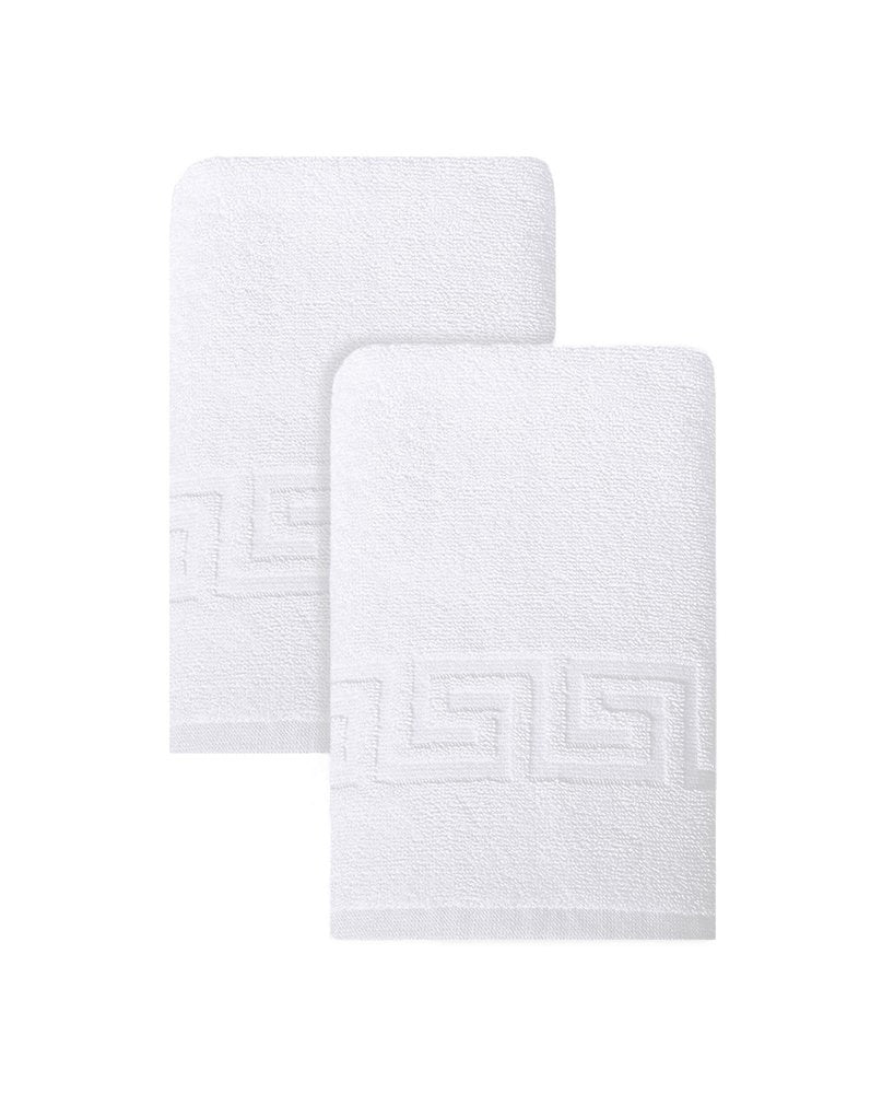 Set of Two White Greek Key Turkish Cotton 16" X 30" Hand Towels
