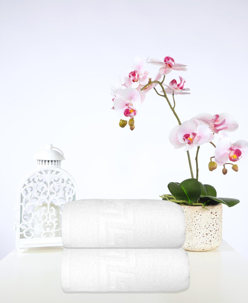 Set of Two White Greek Key Turkish Cotton 16" X 30" Hand Towels