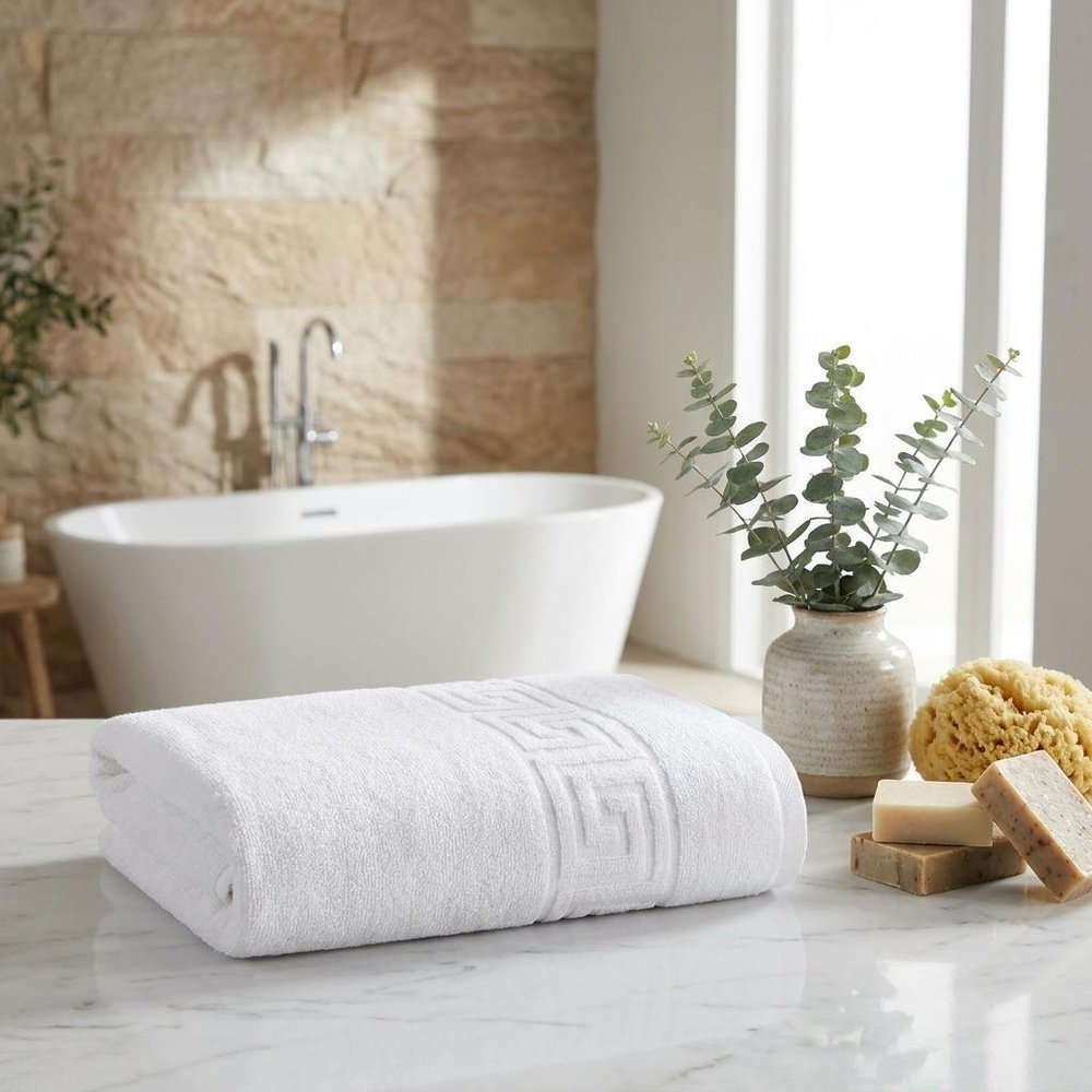 Set of Two White Greek Key Turkish Cotton 16" X 30" Hand Towels