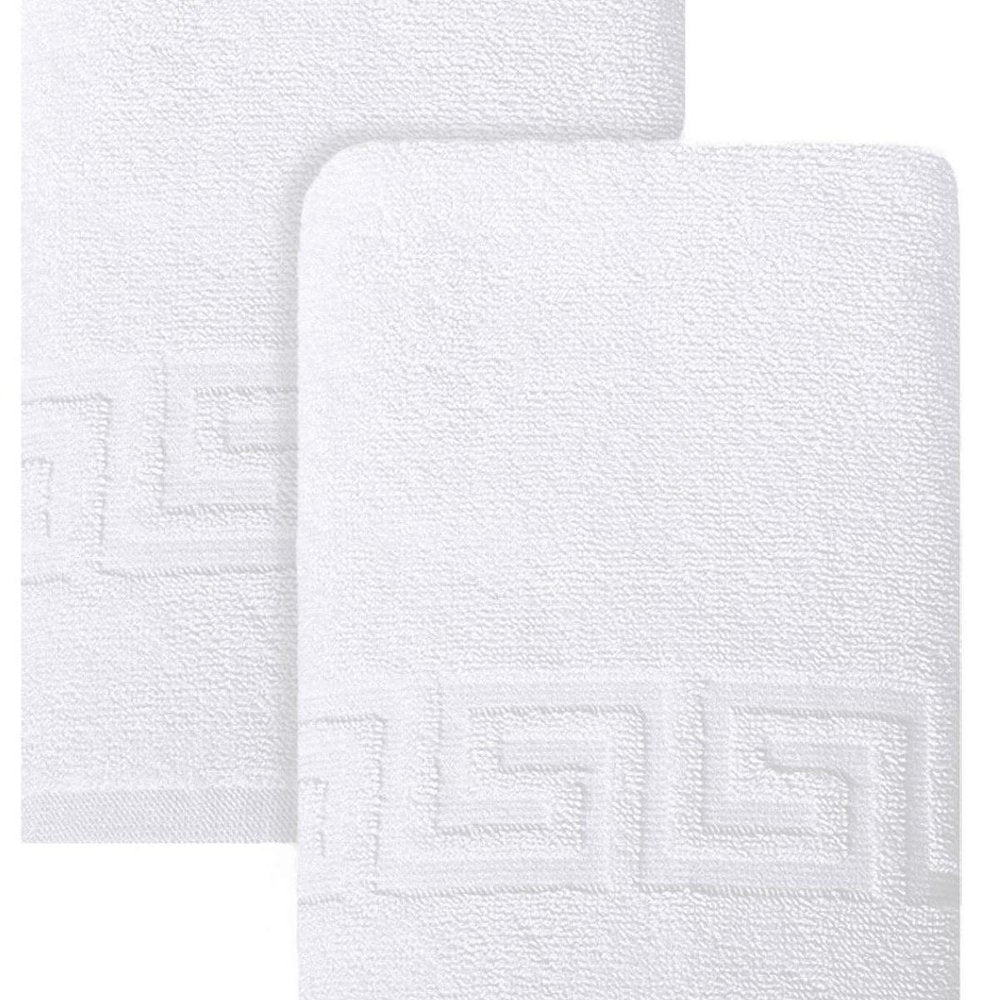 Set of Two White Greek Key Turkish Cotton 16" X 30" Hand Towels