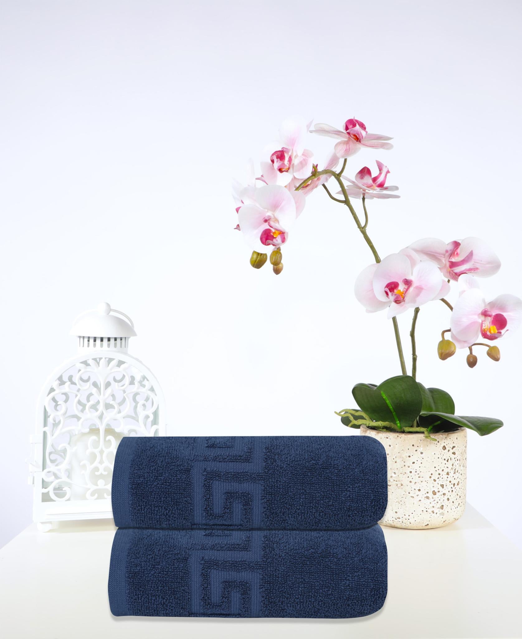 Set of Two Navy Blue Greek Key Turkish Cotton 16" X 30" Hand Towels