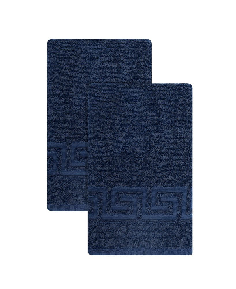Set of Two White Greek Key Turkish Cotton 16" X 30" Hand Towels