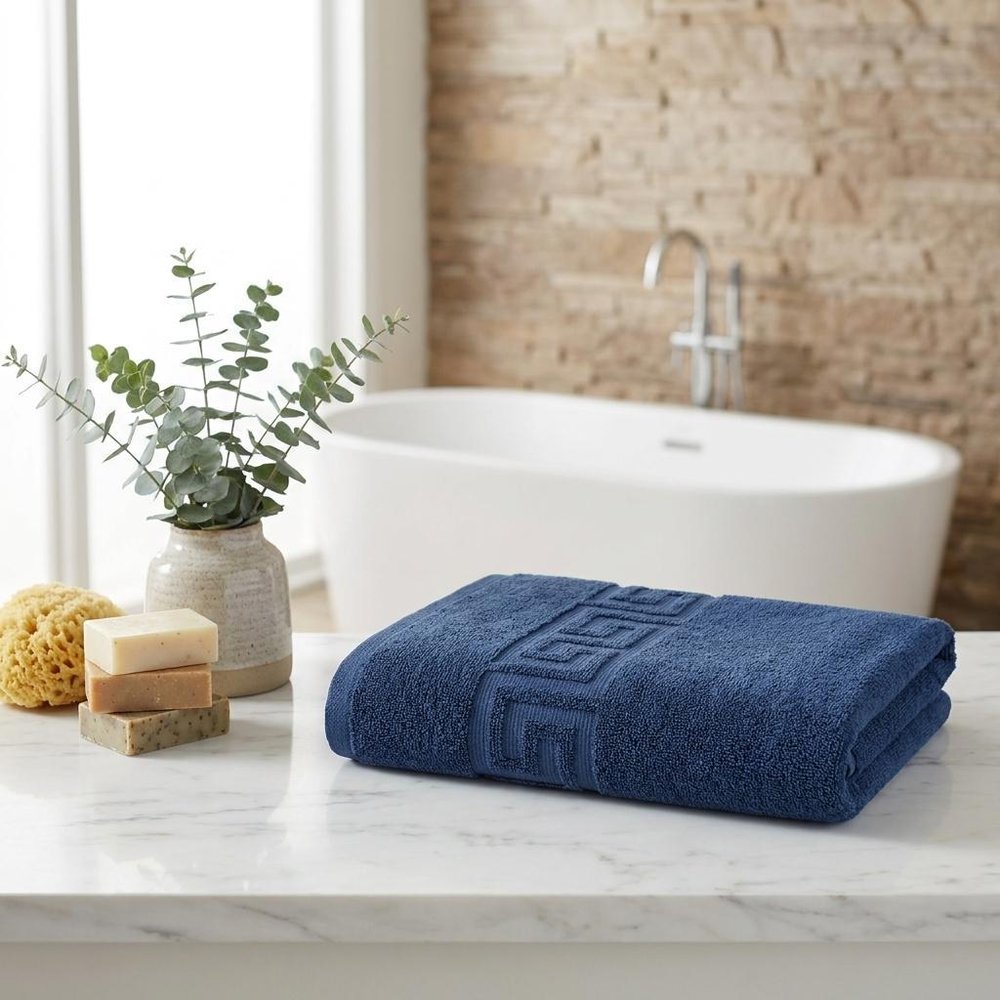 Set of Two White Greek Key Turkish Cotton 16" X 30" Hand Towels