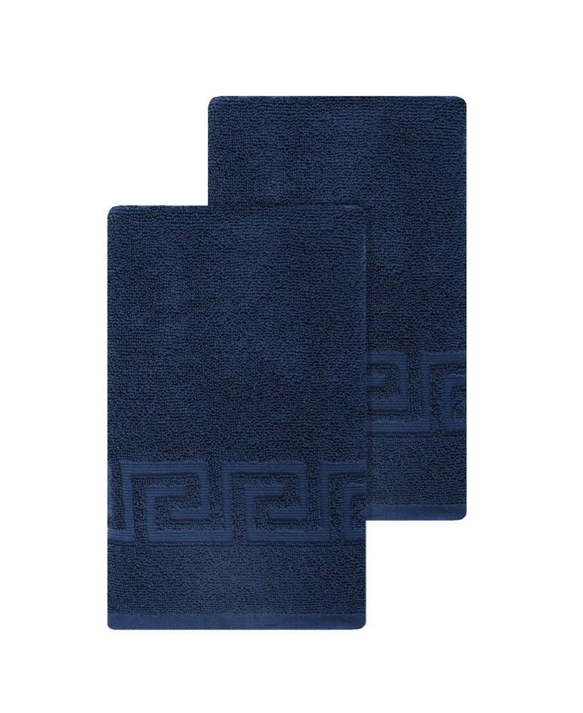 Set of Two White Greek Key Turkish Cotton 16" X 30" Hand Towels