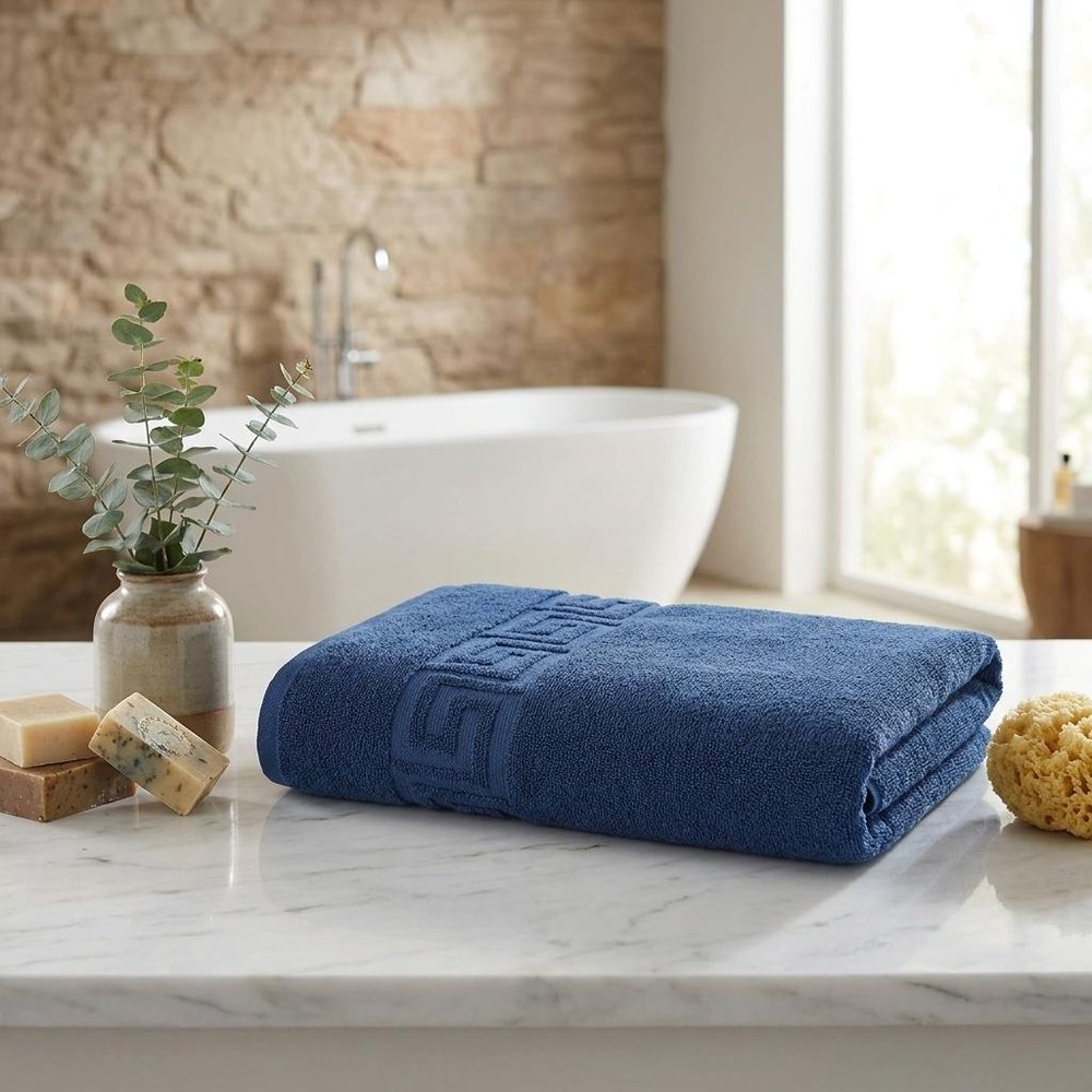 Set of Two White Greek Key Turkish Cotton 27" X 54" Bath Towels