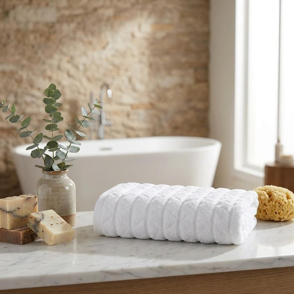 Set of Two White Geometric Turkish Cotton 27" X 54" Hand Towels