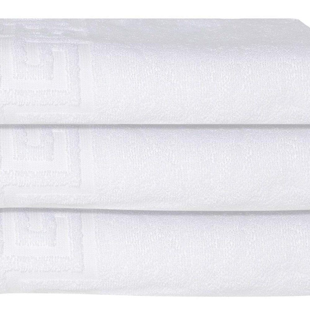Set of Three White Greek Key Turkish Cotton 27" X 54" Bath Towels