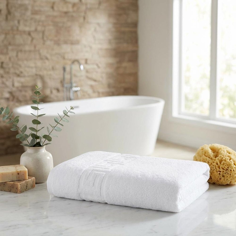 Set of Three White Greek Key Turkish Cotton 27" X 54" Bath Towels