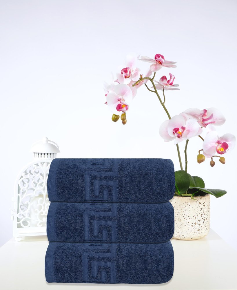 Set of Three White Greek Key Turkish Cotton 16" X 30" Hand Towels