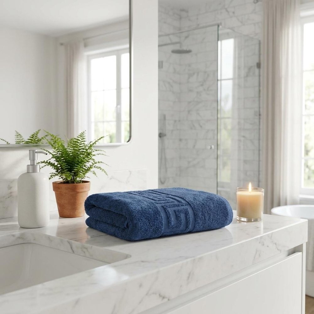 Set of Three White Greek Key Turkish Cotton 27" X 54" Bath Towels